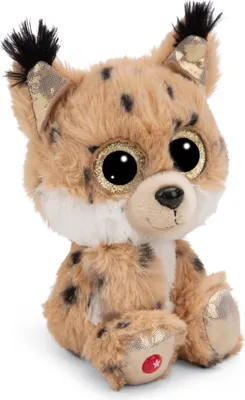 A plush toy lynx is sitting and facing the camera.