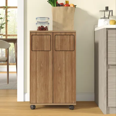 Productafbeelding van Afvalscheidingskast met 2 vakken en 4 wielen, afvalkast met 2 deuren, roestvrijstalen houder en magnetische sluitingen, 46,7 x 35 x 80 cm, eikenlook