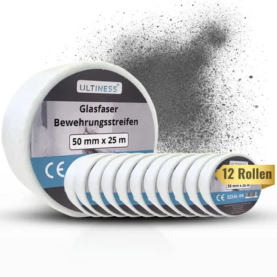 Produktbild von Ultiness Glasfaser Bewehrungsstreifen 50 mm x 25 m - Fugendeckstreifen & Fugenband für Trockenbau - 12 32481-32