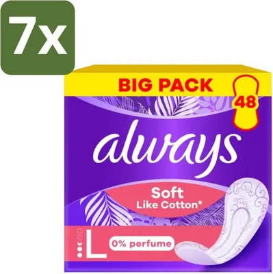 Productafbeelding van Always – Inlegkruisjes – Zacht als katoen, lang, 0% parfum – 48 inlegkruisjes – Voordeelverpakking – 7 stuks