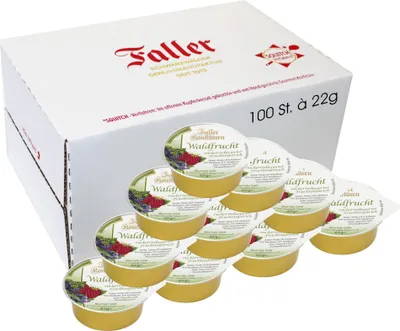 Produktbild von 100x FALLER Waldfrucht-Konfitüre (feine Marmelade , je Portionsbecher  22 g)