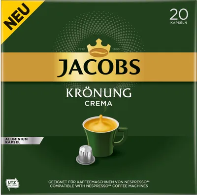 A box of Jacobs Krönung Crema coffee capsules.