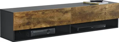 A lowboard TV stand with a wood grain front and black frame, shown against a white background.