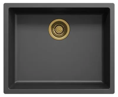 Produktbild von Schwarzes Spülbecken 50 x 40 cm, für Unter- und Aufsatzmontage, mit goldenem Abflussstopfen 1208968037