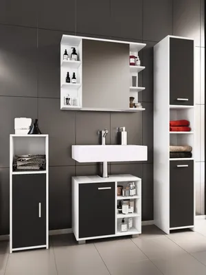 Produktbild von VCM 4-tlg. Badmöbelset | Badmöbel | Set aus Unterschrank, Midischrank, Hochschrank und Spiegelschrank | Badezimmermöbel - Zalo I