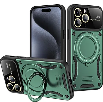 Produktbild von Rüstung Handyhülle für iPhone 15 Pro Max Dual-Layer Magnetisches Ringhalter Ständer Magsafe Hülle Grün