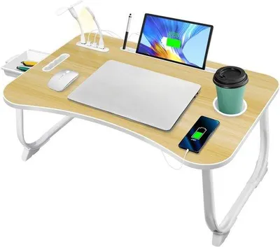 Zdjęcie produktu dla Składana podstawka pod laptopa z portem USB i uchwytem na kubek, imitacja drewna, 60 x 40 cm