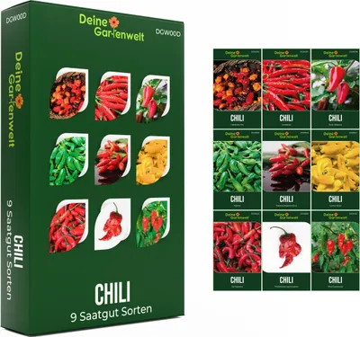 Produktbild von Chilisamen Set - 9 Sorten Samen - Saatgut Sortiment - Anzuchtset für Chilipflanzen - Geschenkset - Chilisorten von sehr mild bis extra scharf