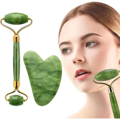 Productafbeelding van Jade roller gua sha set - Massagerol - Gezichtsmassage - Set van 2 stuks