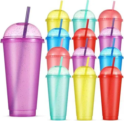 Produktbild von Famanu Set von 12 bunten Plastikbechern mit Deckel und Strohhalm - 710 ml, wiederverwendbar, Glitzer-Design