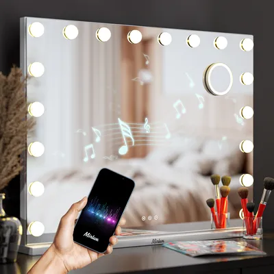 Produktbild von Mirlux Hollywood Make Up Spiegel LED-Beleuchtung - Bluetooth-Lautsprecher - 10x Zoom - Aufhängbar - Weiß - 80x60cm