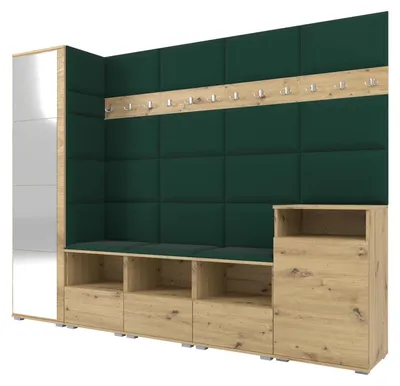 Produktbild von Garderobe NELA XI 250 cm Modulare Flurmöbel Artisan Eiche mit Spiegel & Sitzpolster Flaschengrün 28 (Großes Set)
