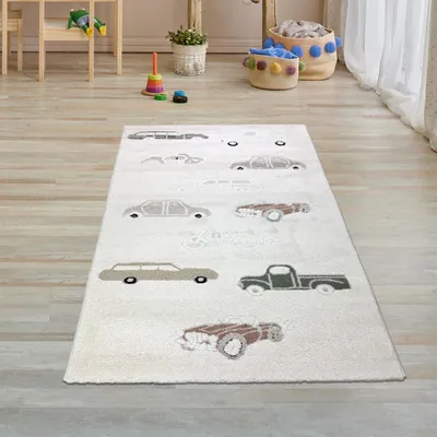 Zdjęcie produktu dla Dywanik do pokoju dziecięcego z efektem high-low i wzorem samochodu w kolorze kremowo-beżowym Rozmiar - 80 x 150 cm