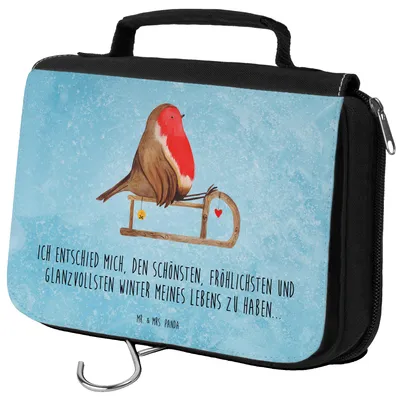 Produktbild von Mr. & Mrs. Panda Schminktasche Rotkehlchen Schlitten - Eisblau - Geschenk, kosmetiktäschchen, Weihnachten, beautycase, Toilettentasche, Waschtasche, Kulturbeutel, Vogel