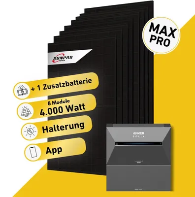 Produktbild von 4000 Watt, Bifazial Komplettset, Balkonkraftwerk, Anker SOLIX Solarbank 3 E2700 Pro, BP2700 Zusatzbatterie, Halterung Blechdach vertikal, Anker SOLIX Anschlusskabel 15 m