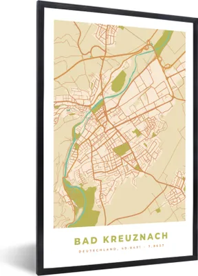 Produktbild von MuchoWow® Gerahmtes Poster Karte - Vintage - Stadtplan - Bad Kreuznach - Karte 40x60 cm - Poster mit Schwarzem Bilderrahmen Wandposter Rahmen Foto Bilder - Papierdruck - Wandbilder