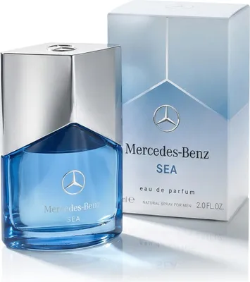 A bottle of Mercedes-Benz Sea Eau de Parfum for men and its packaging.