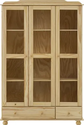 Produktbild von Möbilia Vitrine | 3 Türen mit Glaseinsatz, 2 Schubladen | Kiefer-Holz massiv | B 126 x T 35 x H 189 cm | natur | 19020013 | Serie VITRINE