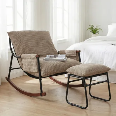 Image de Fauteuil à bascule avec repose-pieds, poche latérale, accoudoirs, structure en bois, pour salon, chambre, chambre bébé, tissu rayé, kaki