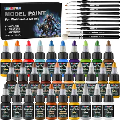 Produktbild von Modellfarbset 28 Farben, 10 ml Flaschen, mit Verdünnern und Pinseln, für Modellbau