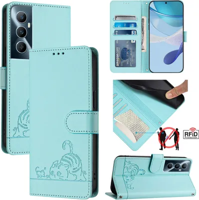 Produktbild von Leder Hülle für Realme C65 4G Süße Katze Flip Case Brieftasche Schutzhülle mit Standfunktion hellgrün