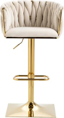 A single beige bar stool with a gold base and frame, shown from the front against a white background.
