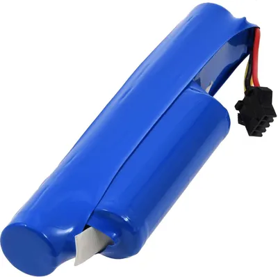 A close-up shot of a blue battery pack with a black connector and wires.