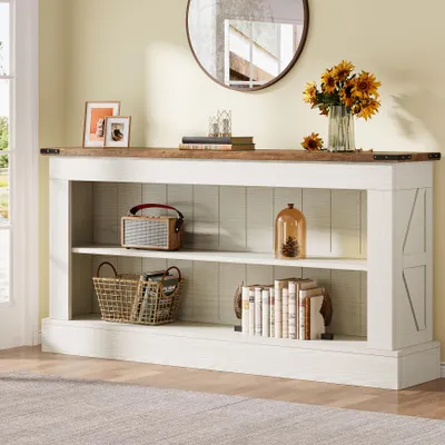 Produktbild von Tribesigns Konsolentisch 160 cm, Landhaus-Sofakonsole hinter der Couch, Bauernhaus-Sofakonsole mit Ablagen Wohnzimmer, für Foyer, Flur, Weiß und Braun