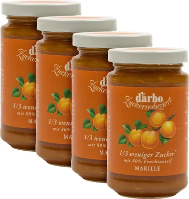 Produktbild von Food-United FRUCHTAUFSTRICH zuckerreduziert von DARBO Marille 4x 250g Glas fruchtiger Aprikose fruit spread mit 1/3 weniger Zucker perfekt für Brot und Brötchen Frühstück Erdbeerkuchen Quark Porridge Puddings Eiscremes Torten Füllungen Gebäck