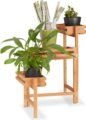 Produktbild von Relaxdays Blumentreppe 3-stöckig, Blumenetagere, beweglich, für Kräuter, Blumentöpfe, Holz Pflanzregal 57 cm hoch, natur