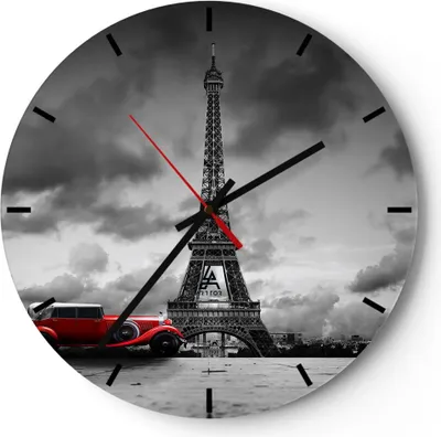 Produktbild von Wanduhr - Rund - Glasuhr - Auto Eiffle Paris Stadt - 30x30cm - Schleichendes Uhrwerk - Lautlos - zum Aufhängen bereit - Dekoration Modern - Wanddekoration aus Glas - C3AR30x30-2828