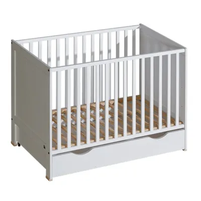 Produktbild von ATB MEBLE Babybett mit Schublade , Beistellbett Baby , Bett Baby Mitwachsend , Kinderbett umbaubar , 4 Ebenen der Matratzenhöhe  , 120x60 Weiß