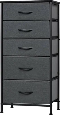 Zdjęcie produktu dla Szafka do salonu Zyrell - Industrialna komoda z 5 materiałowymi szufladami - Rustykalny brąz/czarny - 45,5×30×95,5 cm