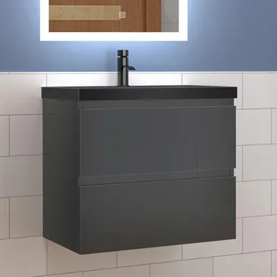 Produktbild von Waschtisch mit Unterschrank 60cm Alast Badmöbel Set Hochglanz Dunklegrau Waschbecken Schwarz mit Unterschrank MDF Softclose