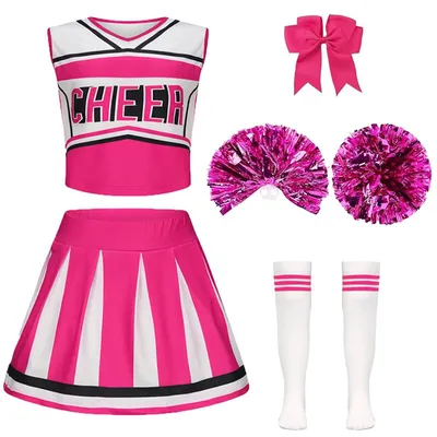 Cheerleader-Kostüm für Mädchen, rosa, Gr. 150, mit Pompons und Socken