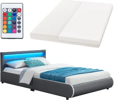 Produktbild von Juskys Polsterbett Sevilla 140 x 200 cm mit Matratze, Lattenrost, LED Beleuchtung & Kopfteil - Kunstleder & Holz - Bett Bettgestell Jugendbett grau