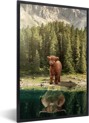 Produktbild von MuchoWow® MuchoWow® Gerahmtes Poster Schottisches Hochlandrind - Kalb - Bäume 60x90 cm - Poster mit zchwarzem Bilderrahmen - Kunst