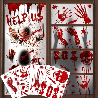 Produktbild von Halloween Fensterdekoration, Gruselige Fensterbilder für Halloween, Blutige Handabdrücke für Fenster und Wände, Gruselige Deko für Innen und Außen
