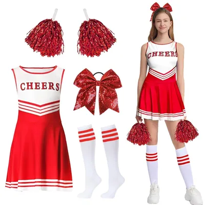 Produktbild von Cheerleader-Kostüm für Damen – Rot mit Pompons und Stirnband