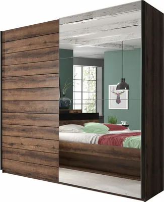 Produktbild von Furniture24 Schwebetürenschrank Berta 57, Schrank, Kleiderschrank, 2 Türiger Schlafzimmerschrank mit Spiegel, Kleiderstange und 6 Einlegeboden Monastery Eiche, , 200 cm breit
