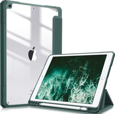 Produktbild von Fintie Hybrid Hülle für 10.2 Zoll iPad 9. Generation 2021/8. Gen 2020/7. Gen 2019 mit Stifthalter - Stoßfeste Schutzhülle mit transparenter Hartschale auf der Rückseite, Dunkelgrün
