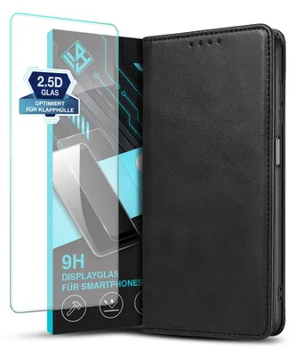 Produktbild von Handyhülle für Samsung Galaxy A12 mit 9H Displayglas Kunstleder Flip Cover Hülle Klapphülle Case Kartenfach Farbe: Schwarz