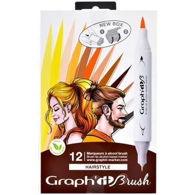 Imagen del producto de Rotuladores de doble punta GRAPH'IT, para cabello, con punta pincel y cincel, set de 12 unidades