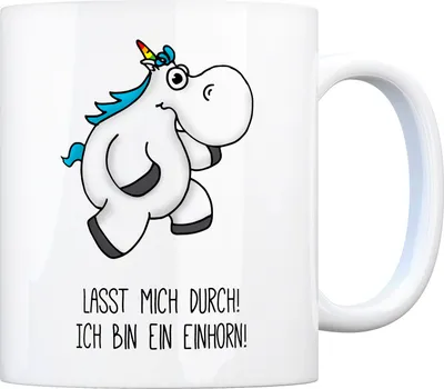 Produktbild von Honeycorns Kaffeebecher mit Einhorn Motiv und Spruch: Lasst mich durch! Ich bin