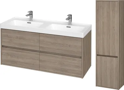 Produktbild von BADLAND Badmöbel Set CREA 120 Waschbecken-Unterschrank mit Hochschrank 140x40x25, 2-Türen, Eiche