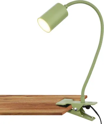A green desk lamp with a flexible neck is clipped to a wooden surface.