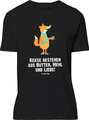 Produktbild von Mr. & Mrs. Panda T-Shirt Fuchs Keks - Schwarz - Geschenk, Frieren, Plätzchen, Tshirt, glücklich, Shirt, Liebe, Oversize, Winter, Weihnachtlich, mit Spruch, Lustiges