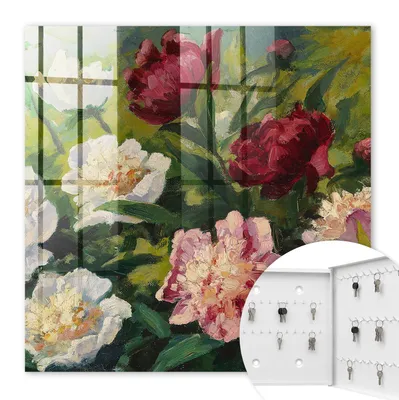 Produktbild von Metall Schlüsselkasten 30 x 30 cm - weißer Schlüsselschrank zur Wandmontage - wandhängende Schlüsselbox mit Tür - rechts öffnend - Schlüsselaufbewahrung für Flur - Büro - Arbeitszimmer - Werkstatt - Garage - Bunte Blumen