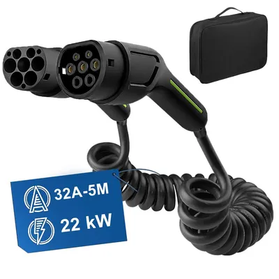 Productafbeelding van Mobiele laadkabel voor elektrische auto's, type 2, 22 kW, 32A, 3-fase, 5 meter, zwart, spiraalkabel, met twee type 2 connectoren, inclusief opbergtas