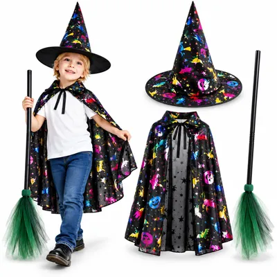 Productafbeelding van KRUMAD Halloween Kostuumset, 3-delig – Heksenhoed, cape met kap en bezem van 87 cm, accessoires voor een heksenkostuum voor kinderen en volwassenen